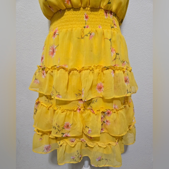 MSK Floral Mini Dress Tiered Ruffle Yellow Pink Size Petite Large - Picture 4 of 16